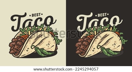 Taco vector with meat and vegetable for logo or emblem. Traditional mexican fast food. Tacos Mexico food with tortilla, leaves lettuce, cheese, tomato, forcemeat, sauce.