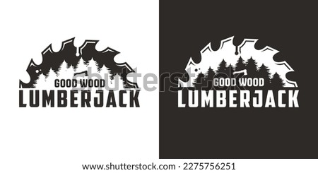 Wood saw for slice of tree or timber for logo and design of workshop or sawmill. Blade or circular saw with forest for sawing of lumberman or lumberjack.