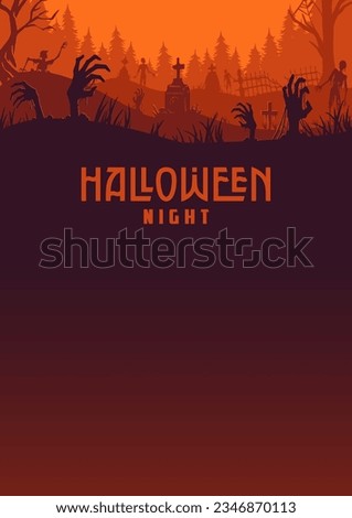 Halloween background with zombie hand and skeleton hand, cemetery for holiday poster, flyer, postcard. Mystical background with cross, grave, tombstone and dead man for dark fear october design