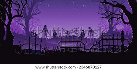 Halloween background with zombie and walking dead, cemetery fence for holiday poster. Creepy and mystical background with cross, grave, tombstone and dead man for dark fear october design