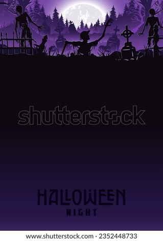 Halloween background with zombie and walking dead, cemetery for holiday poster. Creepy and mystical background with cross, grave, tombstone and skeleton for dark fear october design