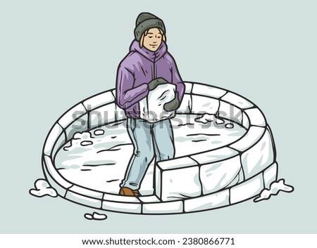 Person building an igloo in winter, engaging in a seasonal activity. Creative construction of an ice shelter, embracing the cold season.