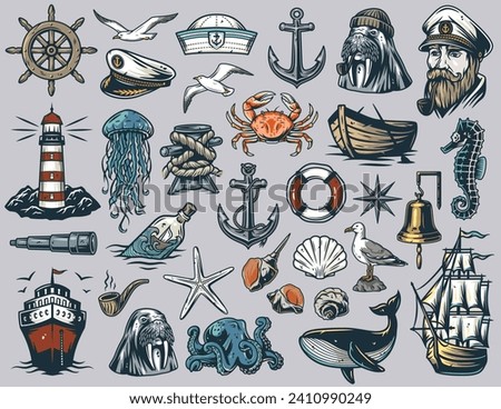 Nautical ocean lighthouse and walrus, sea marine anchor and captain cap, sealife with shellfish, kraken, ship and helm