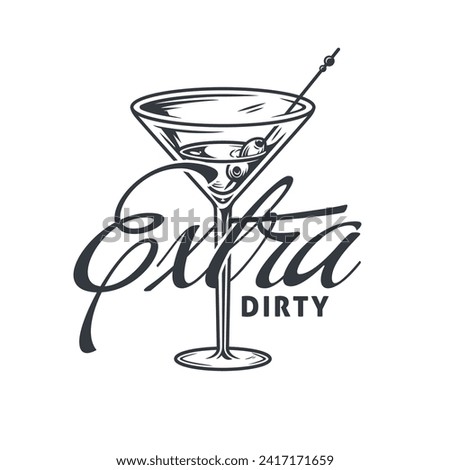 Martini cocktail vector with olive and splashes for alcohol for cocktail bar or drink party. Monochrome print or logo design with glass of martini for bartender or barman.