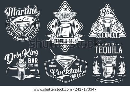 Tequila shot and martini vector set with lime and fire for alcohol cocktail bar or drink party. Vintage and retro emblem design collection for barman or bartender.