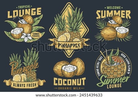 Fruits or exotic eco elements for vegetarian menu. Organic nature ingredients for food market. Set of colorful, vintage-style tropical fruit badge designs, perfect for summer and travel themes.