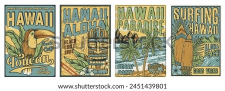 Surfing summer sign. Catch the surf wave poster set. Surf time for surfer in chill bar. Old tribal collection with ethnic totem and idol for tiki bar.