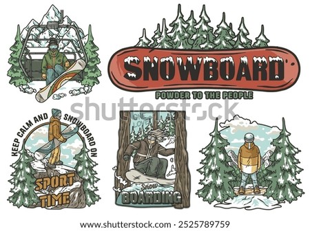 Set of vintage snowboarding designs featuring snowboarders riding in snowy mountain landscapes, waiting for the ski lift and enjoying winter sports