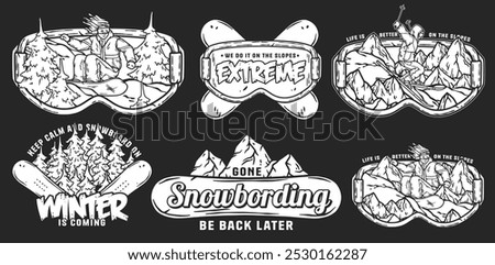 Set of monochrome emblems featuring snowboarders enjoying winter sports, perfect for designs related to snowboarding, winter adventures, and extreme sports