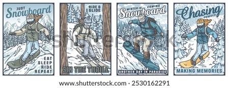 Exciting snowboarding illustrations capturing the thrill of gliding down snowy slopes, perfect for winter sports lovers seeking adventure and freedom