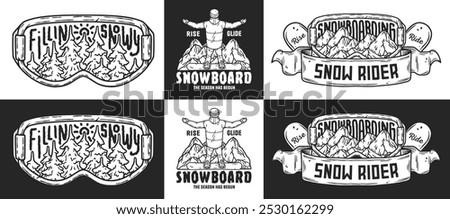 Snowboarder standing with their arms outstretched on a mountain top with a snowboard at their feet, part of a monochrome winter sports emblem set