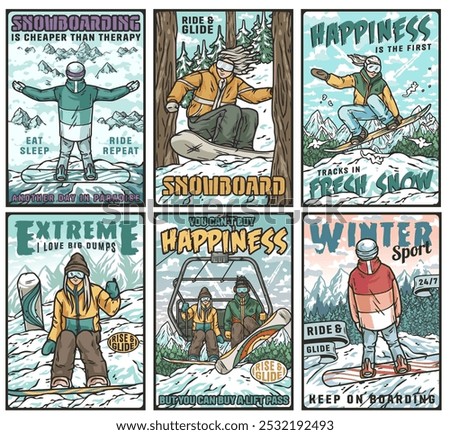 Set of six vintage posters with snowboarders enjoying winter activities, riding on snowboards and using a ski lift on snowy mountain slopes