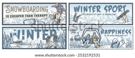 Four different banners showing people snowboarding, skiing and riding a ski lift in the mountains. Winter poster or sign for winter sport