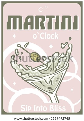 Vintage inspired poster design featuring a martini glass overflowing with a splashing cocktail, garnished with an olive, perfect for adding a touch of retro charm to any bar or lounge setting