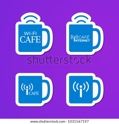 Set of blue cups logo. Internet cafe stickers. Wifi sign