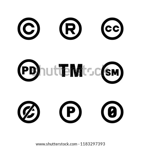 Intellectual property icons: copyright, creative commons, trademark, public domain, all rights reserved, service, sounnd recording.