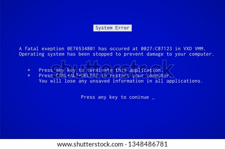 Blue Screen of Death. Operating system crash error message. BSOD malfunction report.