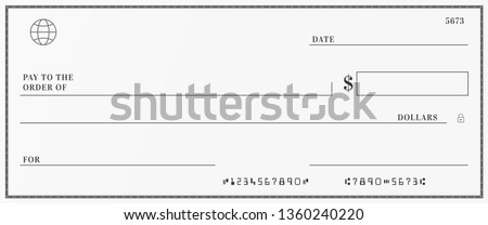 Blank template of the bank check. Checkbook cheque page with empty fields to fill