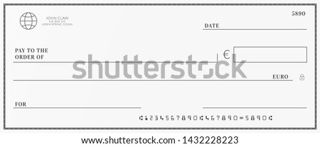 Bank check template. Checkbook page with euro currency background