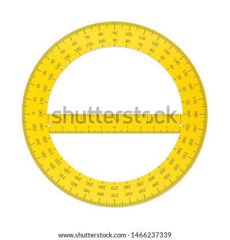 Plastic circular protractor with a ruler in metric and imperial units.
