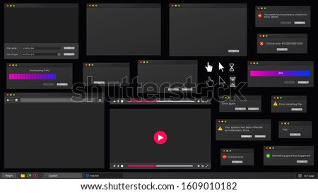Dark theme of desktop user interface. Web browser window, online video player, error message and computer cursor in night mode skin