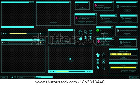 Contrast UI of desktop elements: web browser window, video player, error message, computer cursor