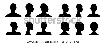 Front and side view human head silhouette of an adult male, a female, gender neutral, a teenager and a toddler. Anonymous avatars. Incognito person face.