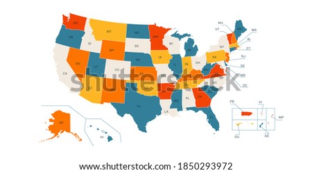 Colored Political US Map with titles of the states. All USA regions are separated and named in a layer panel