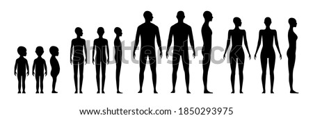 Front and side view human body silhouette of an adult male, a female, gender neutral, a teenager and a toddler