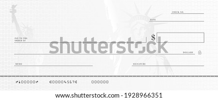 Blank money check template. Fake stimulus cheque mockup. Bank checkbook background