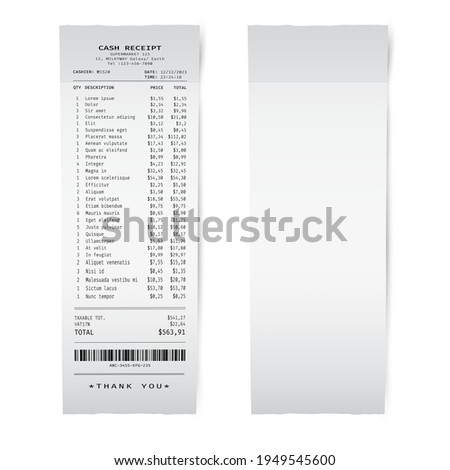 Blank white paper shop check. Template of a bill from supermarket of restaurant