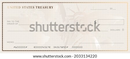Blank stimulus bank check template. Fake checkbook mockup