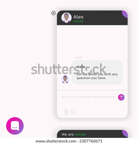 Live chat window. Online help frame kit. AI chatbot support ui interface.