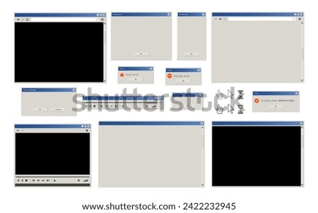 Web internet browser, system dialog box, error pop-up window and multi media player stylized as retro user interface