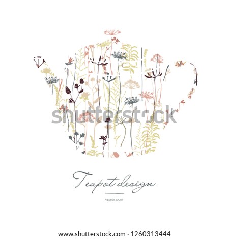 Teapot silhouette with floral print. Her
bal tea. Vector card design.