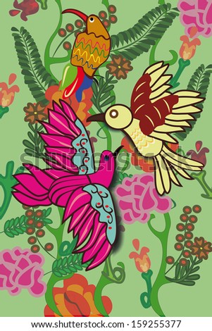exotic birds and a parrot among the flowers, leaves and vines