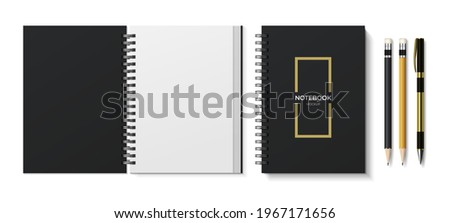 Realistic mockup open and closed notebook pens and pencils. Isolated on white, background. Vector illustration