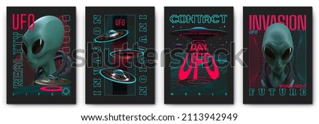 Modern collection of acid UFO posters in the style of Techno, Rave music with neon 3d realistic alien psychedelics.World UFO Day. Print for clothing sweatshirts and t-shirts isolated background