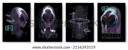 Modern collection of acid UFO posters in the style of Techno, Rave music with neon 3d realistic alien psychedelics.World UFO Day. Zone 51 Print for clothing sweatshirts and t-shirts background