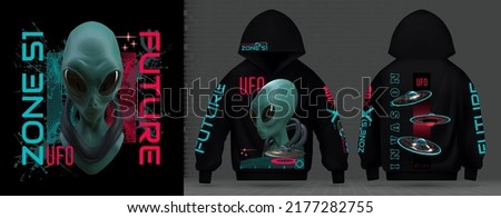 Modern collection of techno acid ufo prints, rave music with neon 3d realistic alien psychedelic spaceships. World UFO Day. Print for clothes, on the layout of a sweatshirt with a hood vector
