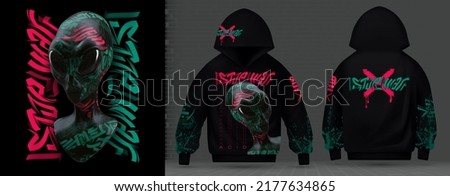 Modern collection of techno acid fan ufo prints, stop war, rave music with neon 3d realistic alien psychedelic.Street art graffiti Print for clothes, on the layout of a sweatshirt with a hood vector