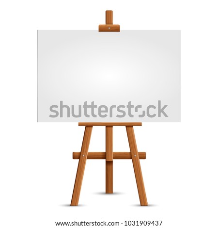 Blank art board and realistic wooden easel. Wooden Brown  Easel with Mock Up Empty Blank Square Canvas Isolated on white background. Vector illustration Presentation board
