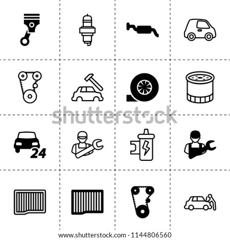 Set of 16 automotive filled and outline icons such as air filter, timing belt, turbo, 24/7 car service, piston, muffler, car mechanics, oil filter, spark plug