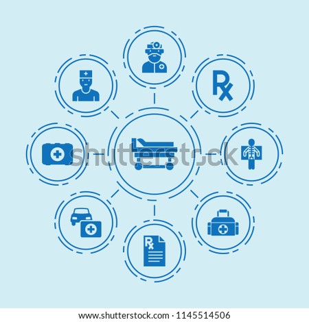 Set of 9 clinic filled icons such as car first aid kit, hospital stretcher, doctor, x ray, x ray, first aid kit