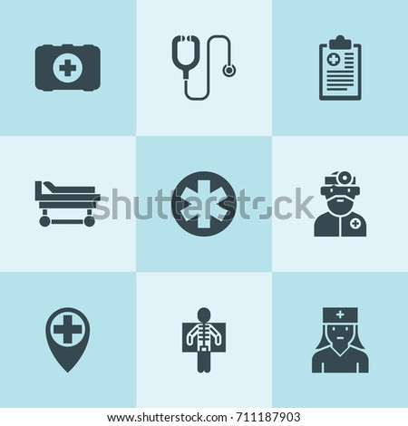 Set of 9 clinic filled icons such as stethoscope, medical location, medical, medical clipboard, hospital stretcher, doctor, nurse, x ray