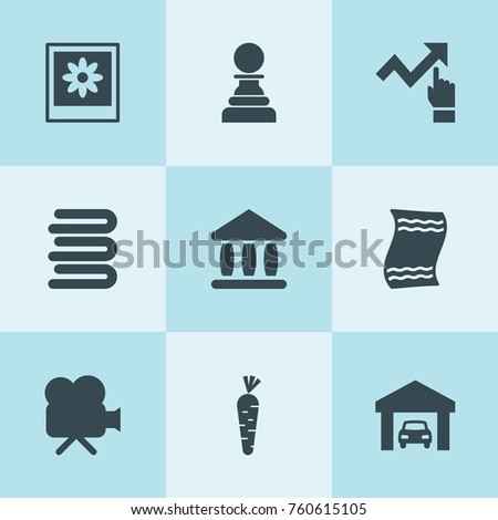 Set of 9 square filled icons such as car garage, towels, theater, movie camera, frame, chart, carrot, pawn