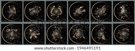 Zodiac signs icons set on dark background. Shiny golden zodiac constellations icons