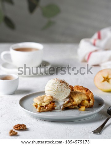 Similar – Image, Stock Photo Apple pie with ice cream and cup of coffee. Top view of apple tart slice