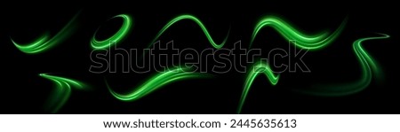 Green shiny sparks of spiral wave. Curved bright speed line swirls. Shiny wavy path. Rotating dynamic neon circle. Magic golden swirl with highlights. Glowing swirl bokeh effect. vector