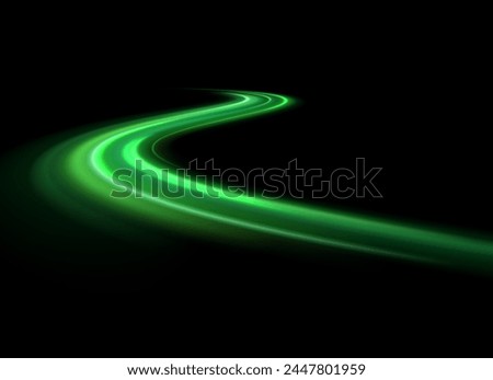 Green shiny sparks of spiral wave. Curved bright speed line swirls. Shiny wavy path. Rotating dynamic neon circle. Magic golden swirl with highlights. Glowing swirl bokeh effect. vector